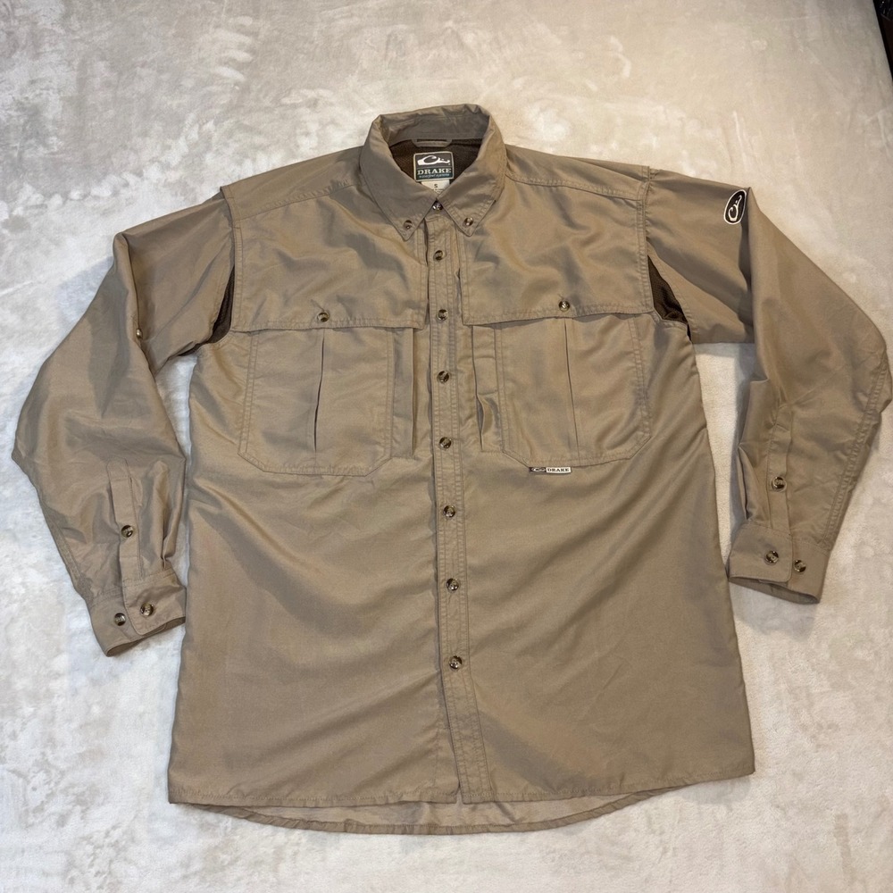 Drake Waterfowl Systems Mens Khaki Ventilated Fishing Hunting Shirt Small